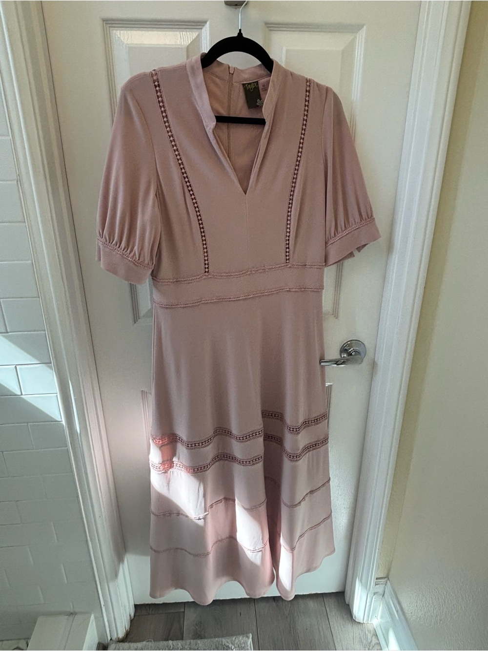 Taylor Dusty Rose Dress with V-Neck and Ladder Trim